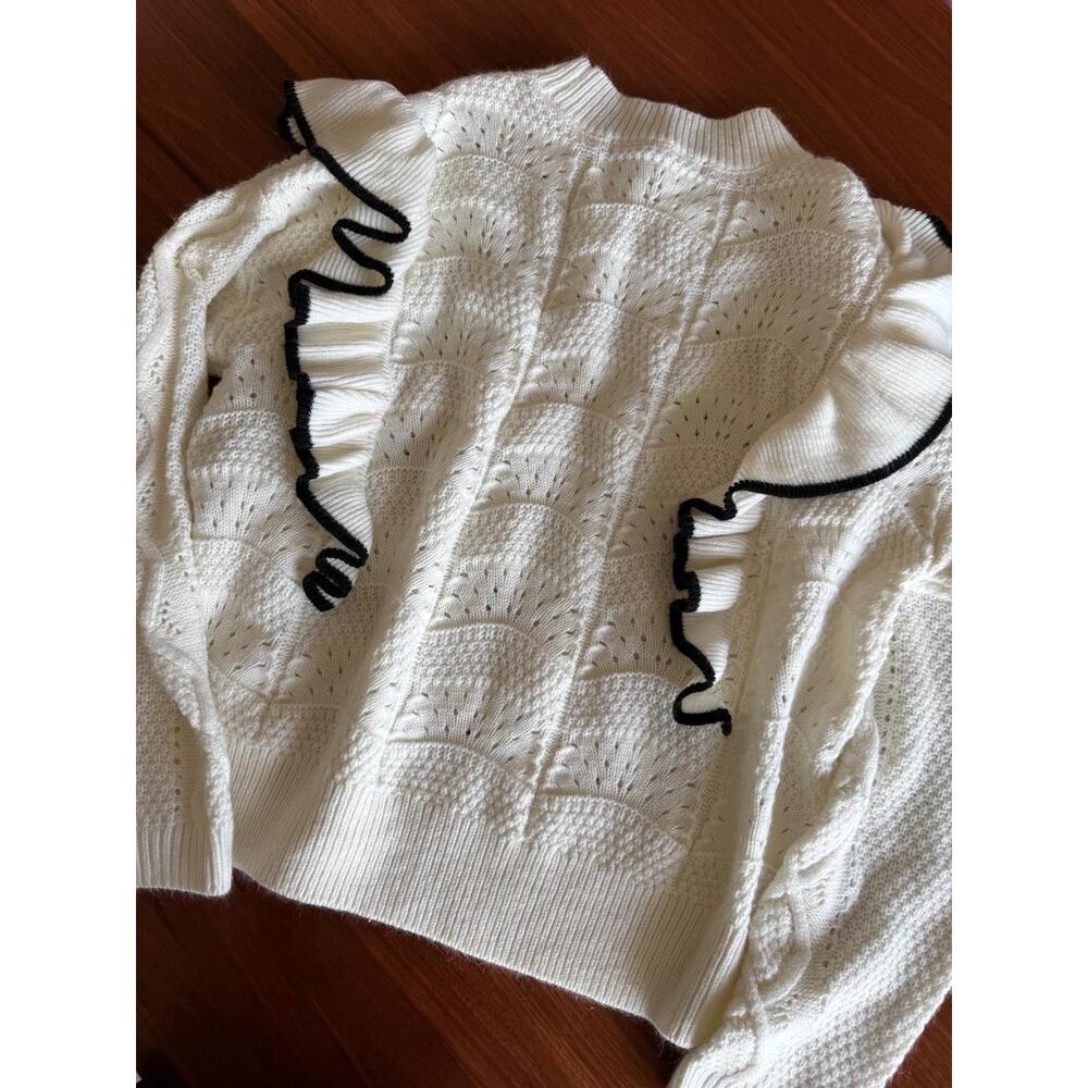 MARC NEW YORK Sweater Womens Size L White Black Mock Neck Ruffle Cable Knit Chic - Picture 2 of 4